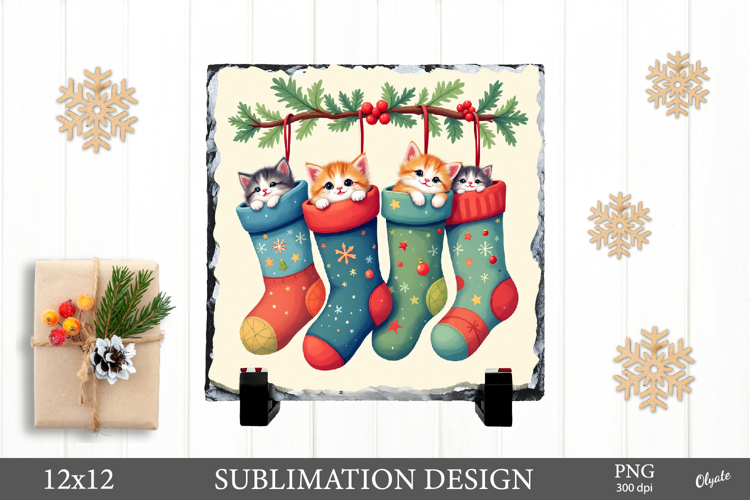 Christmas Slate Sublimation, Kittens in Socks Sublimation PN