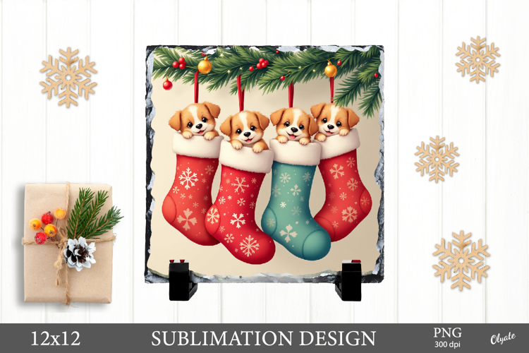 Christmas Slate Sublimation, Puppies in Socks PNG