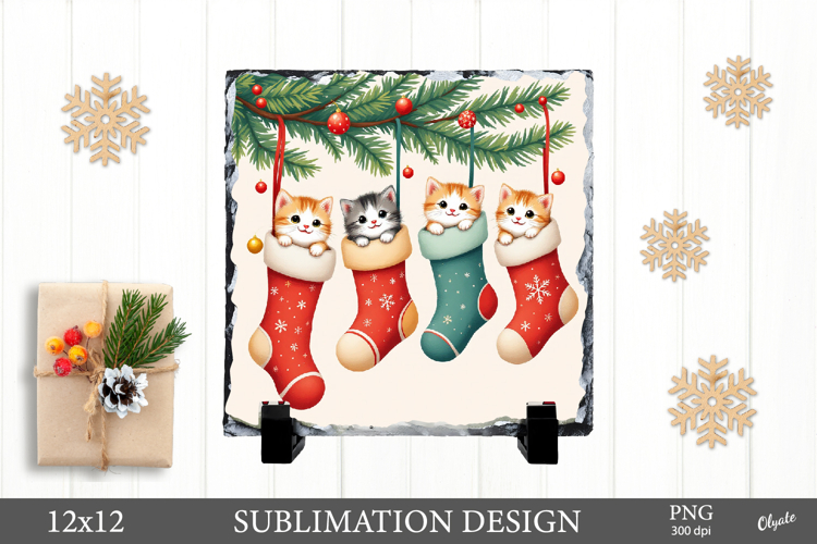 Christmas Slate Sublimation, Kittens in Socks PNG