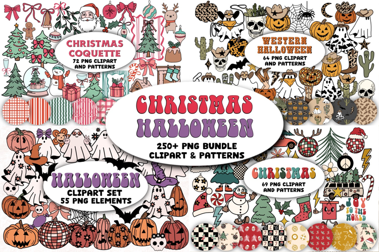 Christmas Halloween Bundle Clipart and Seamless Patterns