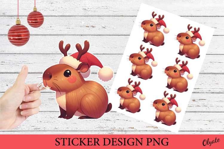 Christmas Capybara Sticker PNG. Christmas Sticker Printable example image 1