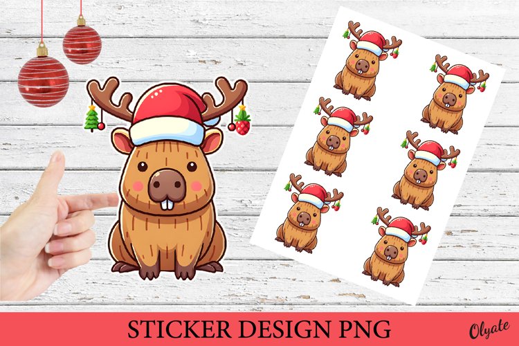 Christmas Capybara Sticker PNG. Funny Sticker Printable PNG example image 1