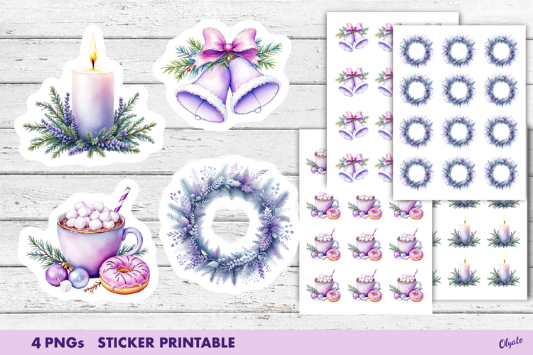 Watercolor Purple Christmas Stickers PNG