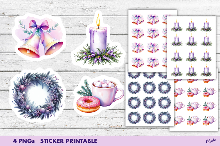 Watercolor Purple Christmas Stickers PNG