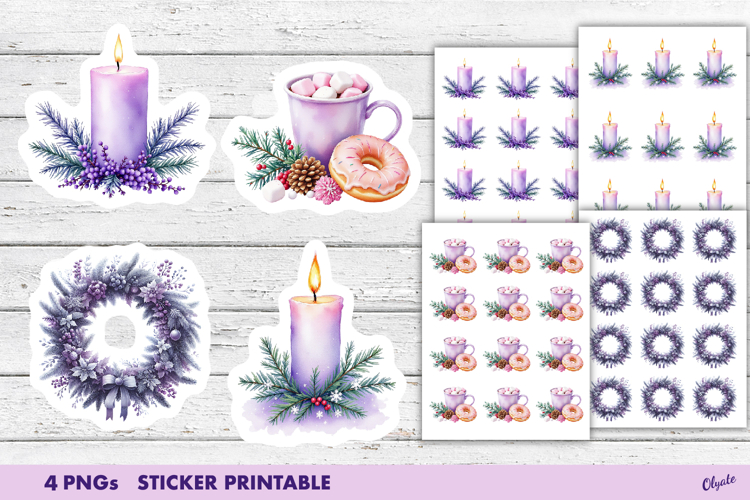 Watercolor Purple Christmas Stickers PNG