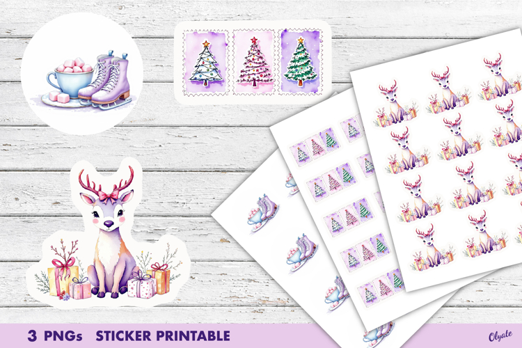 Cute Lilac Christmas Stickers PNG. Watercolor Christmas PNG