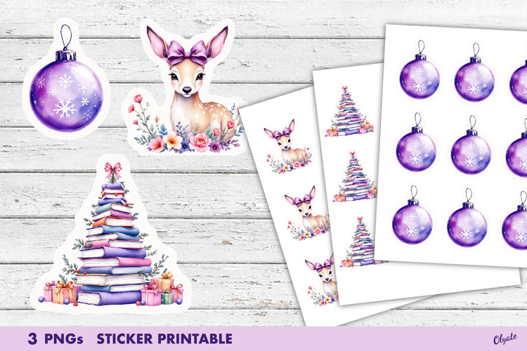 Cute Lilac Christmas Stickers PNG. Watercolor Christmas PNG
