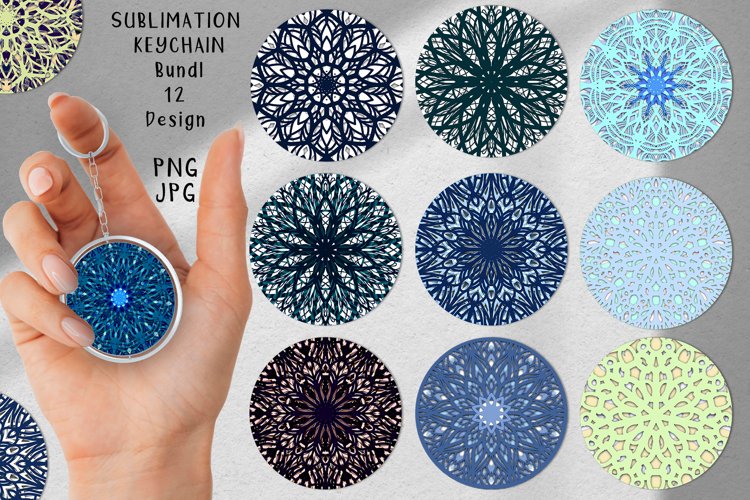 12 Keychain Sublimation Design/Abstraction,mandala.  Round pattern, ornament. Multipath snowflake with three-dimensional effect.