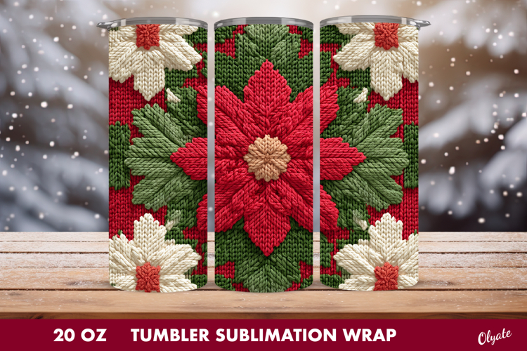 Christmas Poinsettia Tumbler Wrap PNG. Crochet Poinsettia