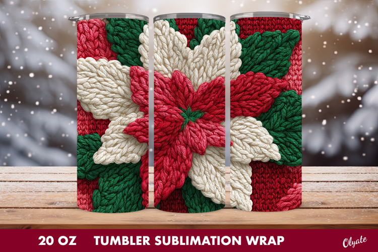 Christmas Poinsettia Tumbler Wrap PNG. Crochet Poinsettia