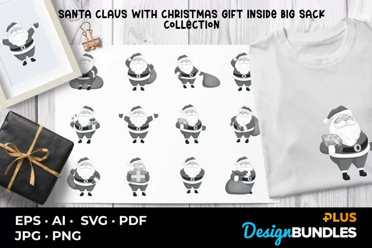 Santa Claus With Christmas Gift Inside Big Sack Collection