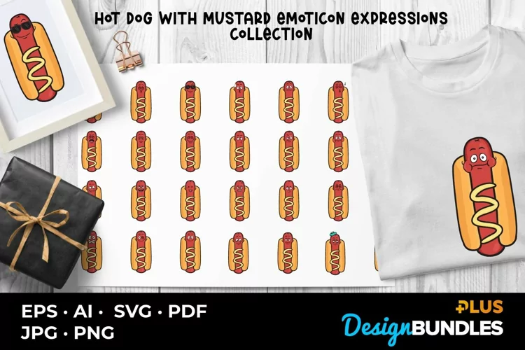 Hot Dog with Mustard Emoticon Expressions Collection