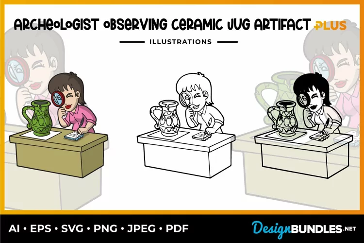 Archeologist Observing Ceramic Jug Artifact Illustrations