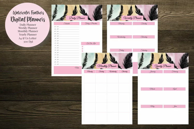 Watercolor Feathers Digital Planners
