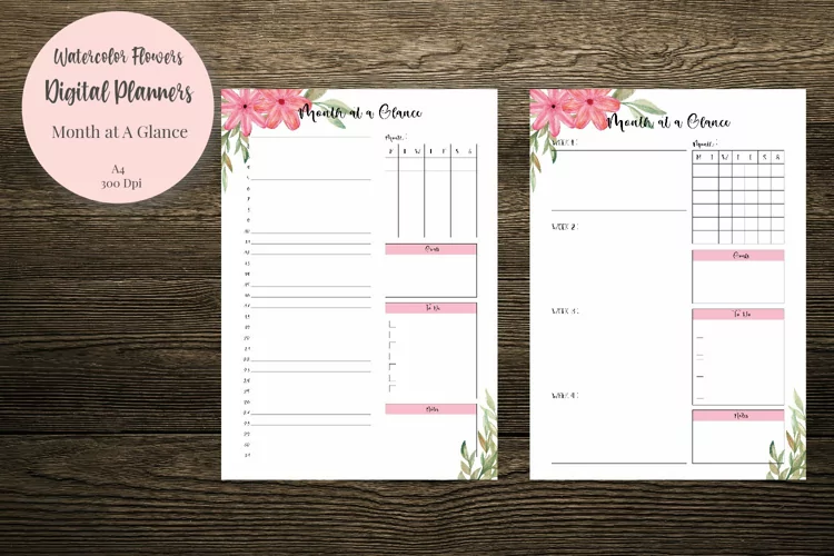 Watercolor Flowers Month at a Glance Digital Planners