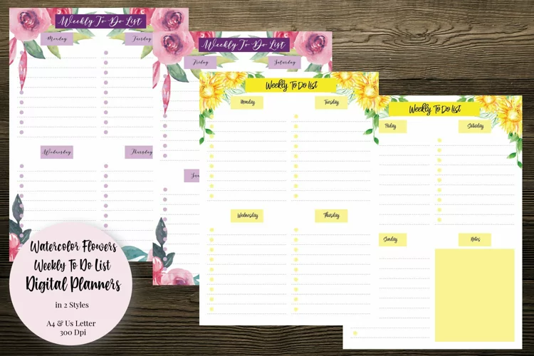 Watercolor Flowers Weekly To Do List Digital Planners