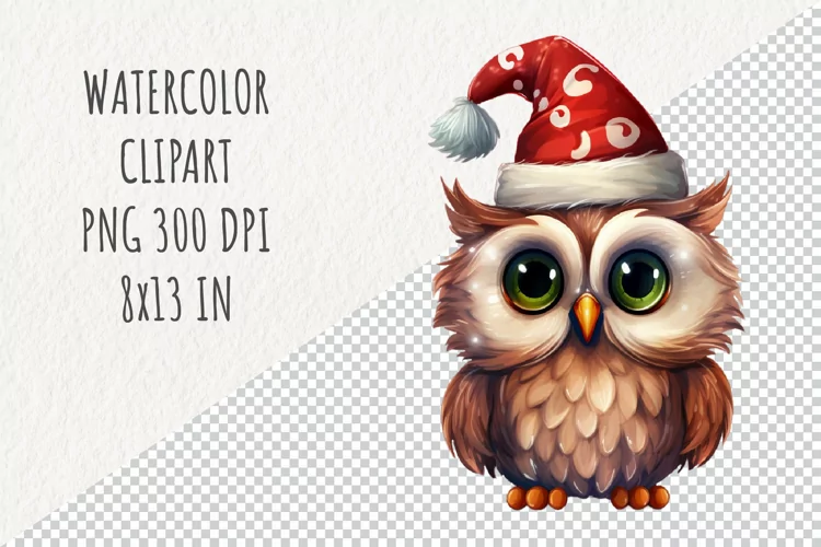 Christmas Owl | Sublimation Design | Watercolor Clipart