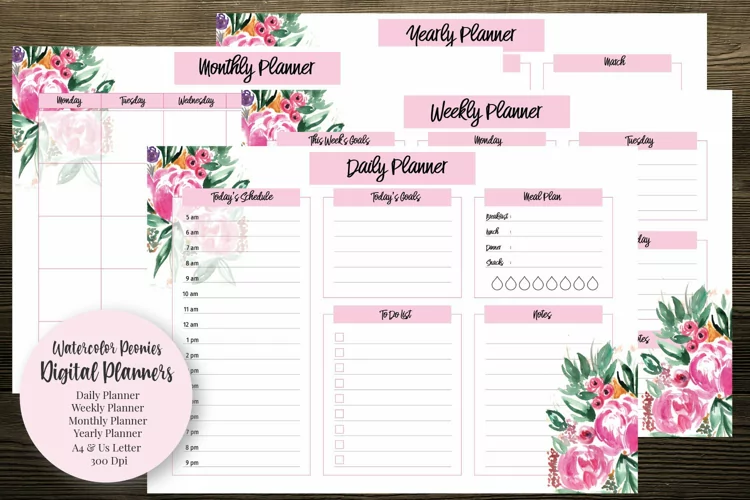 Watercolor Peonies Digital Planners