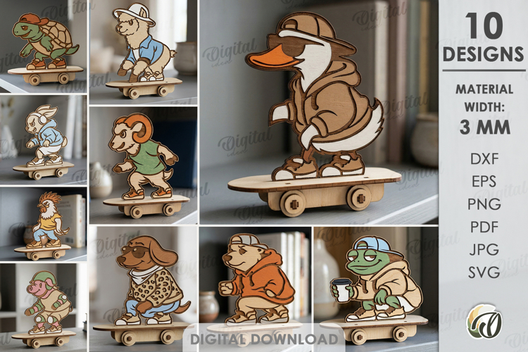 3D Animals On Skateboards Bundle Laser Cut. Kids Toy SVG example image 1