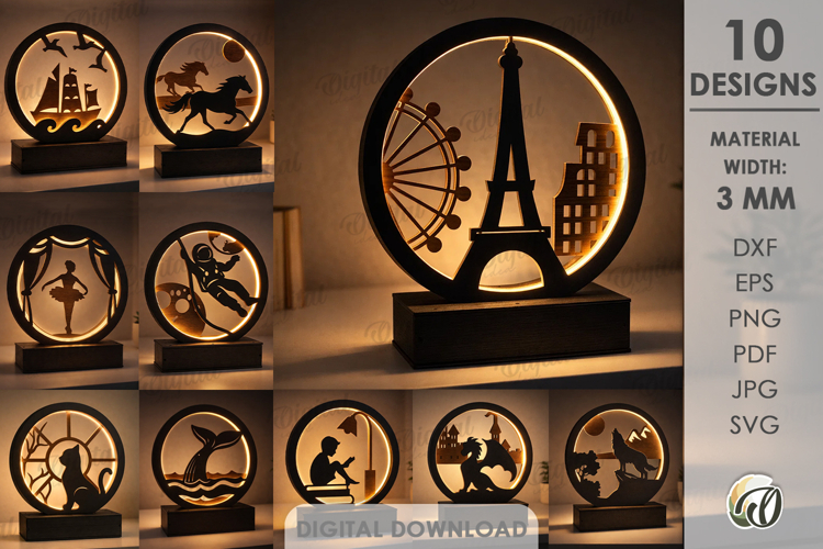 3D Led Night Lamps Bundle Laser Cut. Night Light SVG