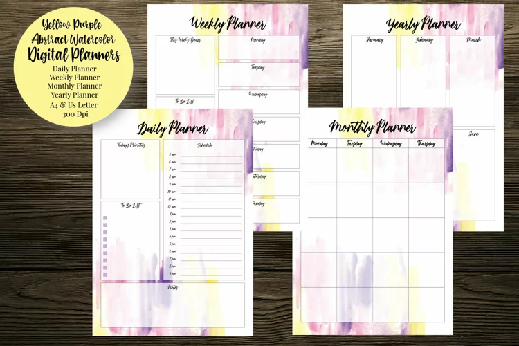 Yellow Purple Abstract Watercolor Digital Planners