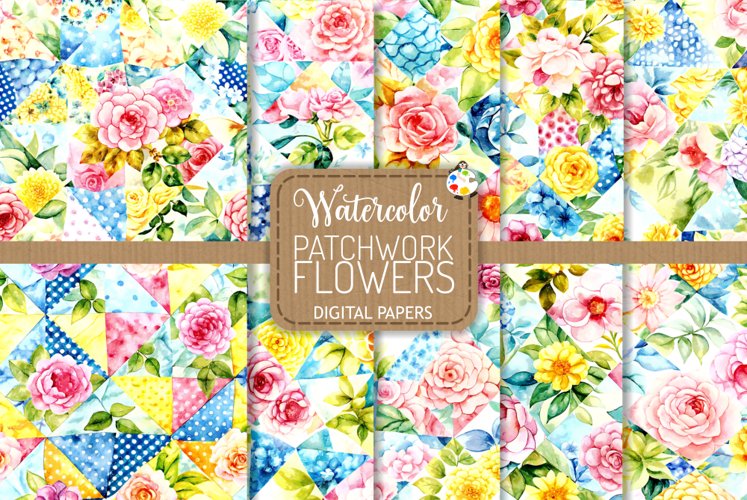 Patchwork Flowers - Watercolor Quilt Collage Patterns example image 1