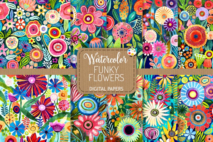 Funky Flowers - Transparent Watercolor Floral Patterns example image 1