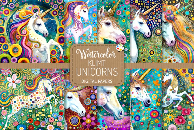 Klimt Unicorns - Transparent Watercolor Portrait Paintings