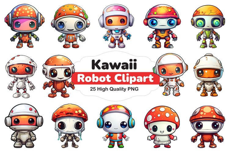 Cute Kawaii Robot Clipart PNG Bundle