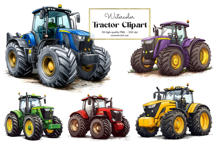Watercolor Tractor Clipart PNG Set