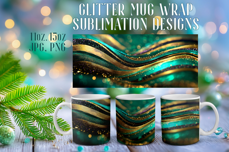 Glitter Mug Sublimation | Emerald Gold Waves Design Cup Wrap