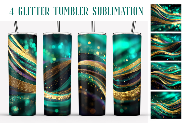 Glitter Tumbler Sublimation | Emerald Golden Waves Tumbler