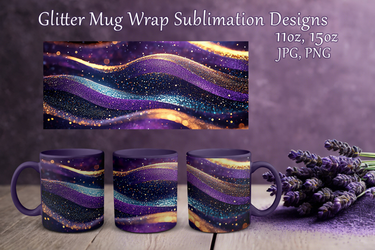 Glitter Mug Sublimation|Violet Blue Waves Design Cup Wrap