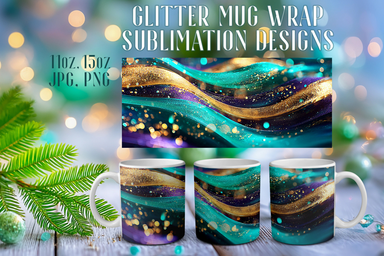 Glitter Mug Sublimation | Emerald Gold Waves Design Cup Wrap