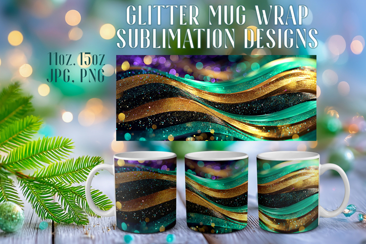Glitter Mug Sublimation | Emerald Gold Waves Design Cup Wrap