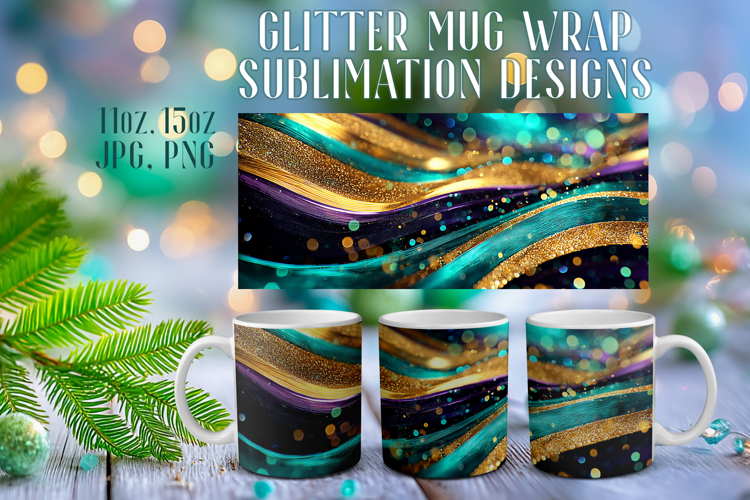 Glitter Mug Sublimation | Emerald Gold Waves Design Cup Wrap
