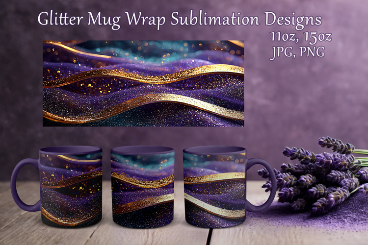 Glitter Mug Sublimation|Violet Blue Waves Design Cup Wrap