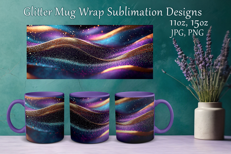 Glitter Mug Sublimation. Golden Violet Waves Design Cup Wrap