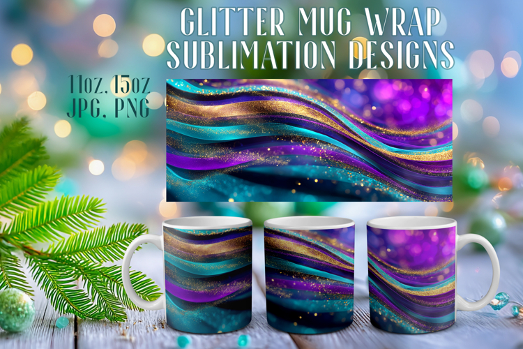 Glitter Mug Sublimation | Teal Gold Waves Design Cup Wrap