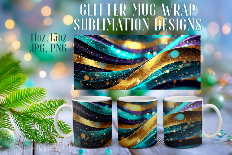 Glitter Mug Sublimation | Emerald Gold Waves Design Cup Wrap