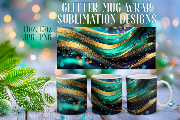Glitter Mug Sublimation | Emerald Gold Waves Design Cup Wrap