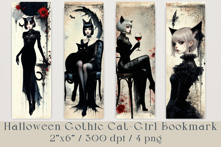 Halloween Gothic Cat Girl Bookmark, 4 png