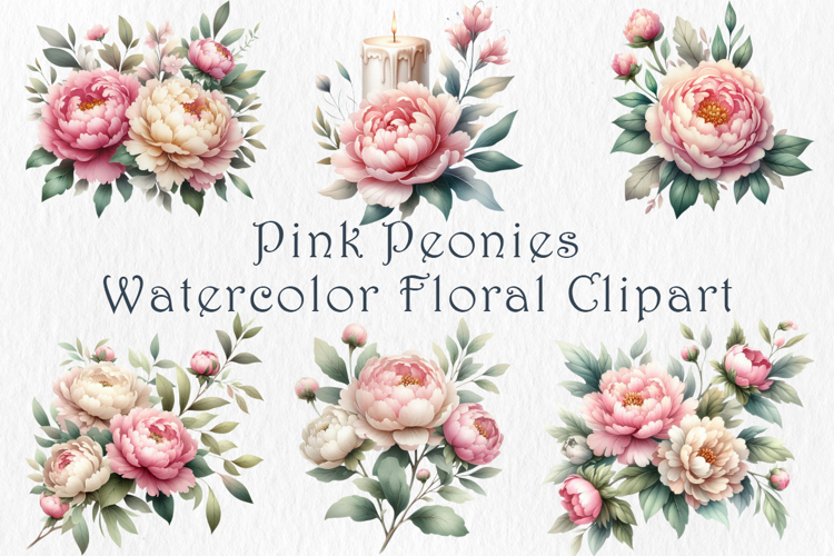 Pink Peonies Watercolor Clipart, 20 png