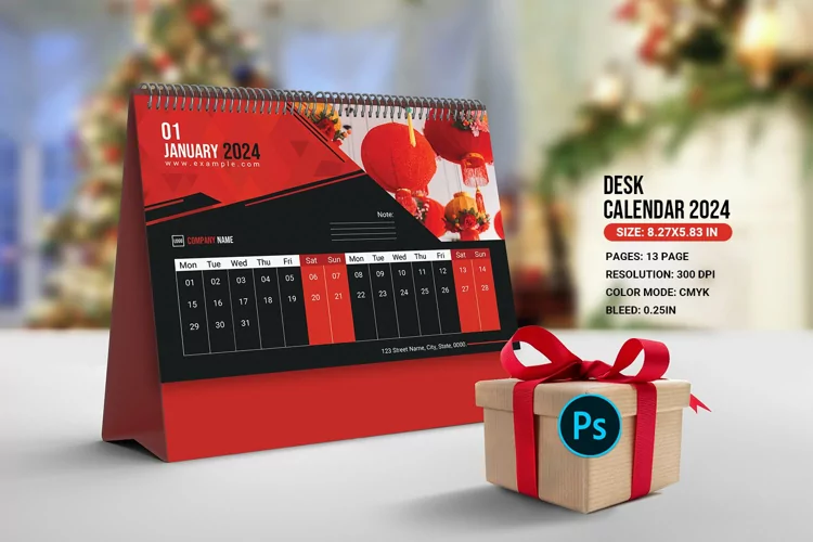 Desk Calendar 2024. Photoshop Template