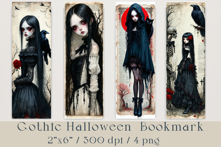 Gothic Halloween Girl Bookmarks, 4 png