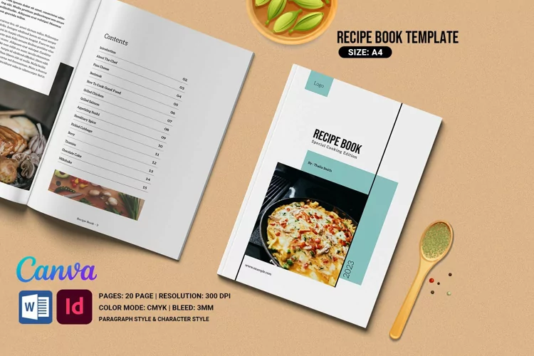 Cookbook / Recipe Book Template, Word , Indesign and Canva