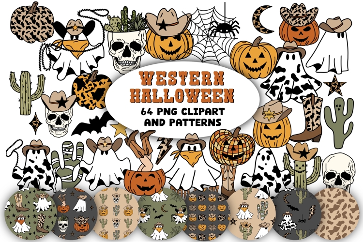 Western Halloween Clipart Set Fall Cowboy Ghosts Pumpkins