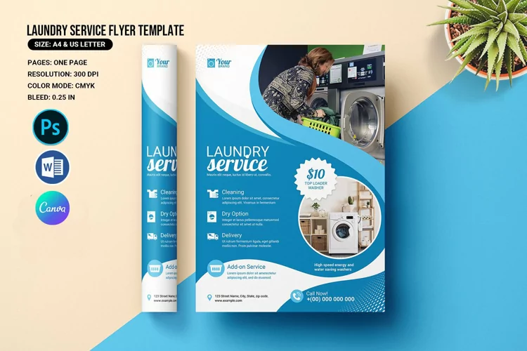 Laundry Service Promo Flyer, Canva, Ms Word & Photoshop