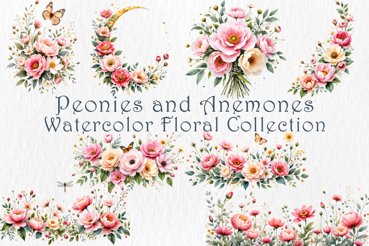Watercolor Peonies and Anemones Set, 40 png