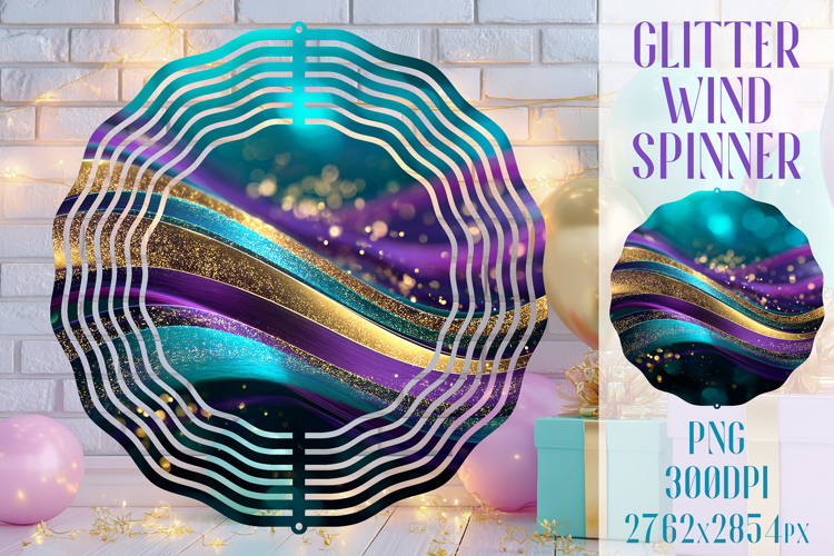 Glitter Wind Spinner Sublimation. Teal Violet Golden Waves